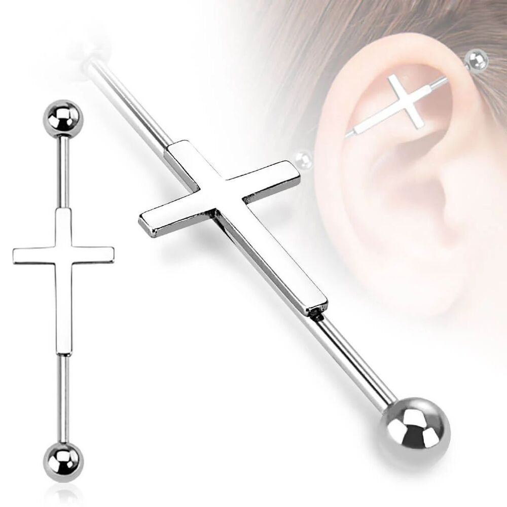 Cross Industrial Barbell 14G Surgical Steel | 35mm – Silver  | Single Bar
